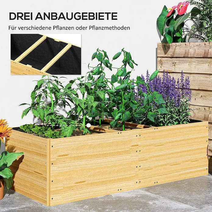 Outsunny Hochbeet - 140 x 60 x 40 cm, Holz, Naturholz - Hochbeet aus Naturholz mit drei getrennten Bereichen zum Anbau verschiedener Pflanzen wie Tomaten und Gurken.
