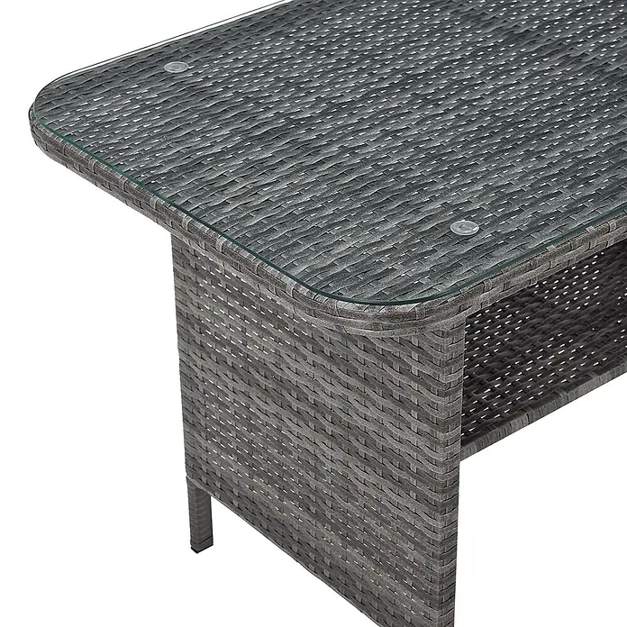 SVITA Loungemöbel-Set DALLAS - 4 -tlg., Polyrattan, Grau - Grauer Rattan-Couchtisch mit klarer Glasplatte, gewebter Textur und abgerundeten Ecken.