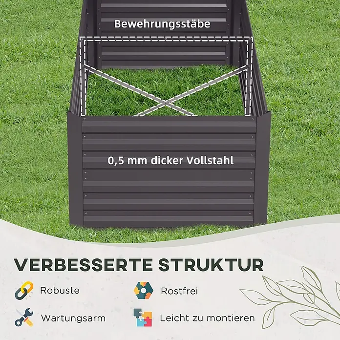 Outsunny Hochbeet - 180 x 90 x 59 cm, Stahl, Dunkelgrau - Dunkelgraues Hochbeet aus 0,5 mm dickem Vollstahl mit Bewehrungsstäben; robust, rostfrei, wartungsarm und leicht zu montieren.