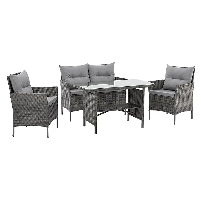 SVITA Loungemöbel-Set DALLAS - 4 -tlg., Polyrattan, Grau - Graue Polyrattan-Gartenmöbelgruppe mit Zweisitzer-Sofa, zwei Sesseln und einem Tisch mit Glasplatte und grauen Kissen.