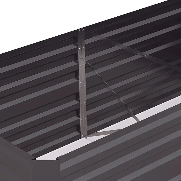 Outsunny Hochbeet - 180 x 90 x 59 cm, Stahl, Dunkelgrau - Dunkelgraue Wellblech-Dachkonstruktion mit metallischen Tragbalken und weißer Zierleiste.