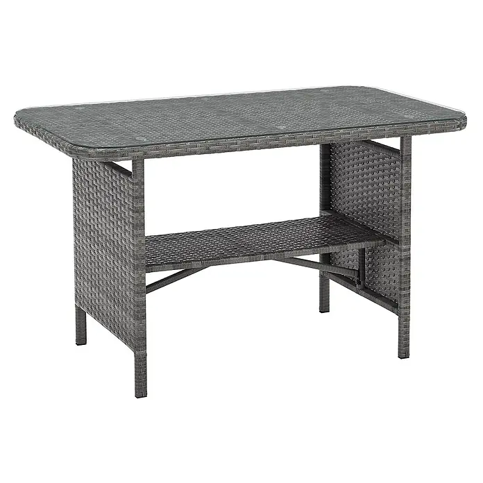 SVITA Loungemöbel-Set DALLAS - 4 -tlg., Polyrattan, Grau - Dunkelgrauer Rattan-Gartentisch mit rechteckiger Glasplatte und Ablagefläche unten.