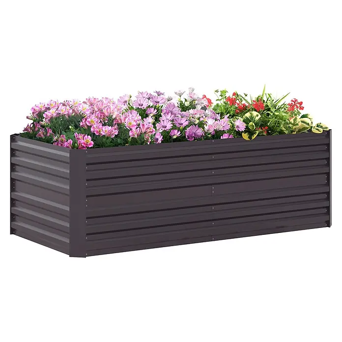 Outsunny Hochbeet - 180 x 90 x 59 cm, Stahl, Dunkelgrau - Dunkelgraues Hochbeet aus Wellblech, bepflanzt mit bunten Blumen.