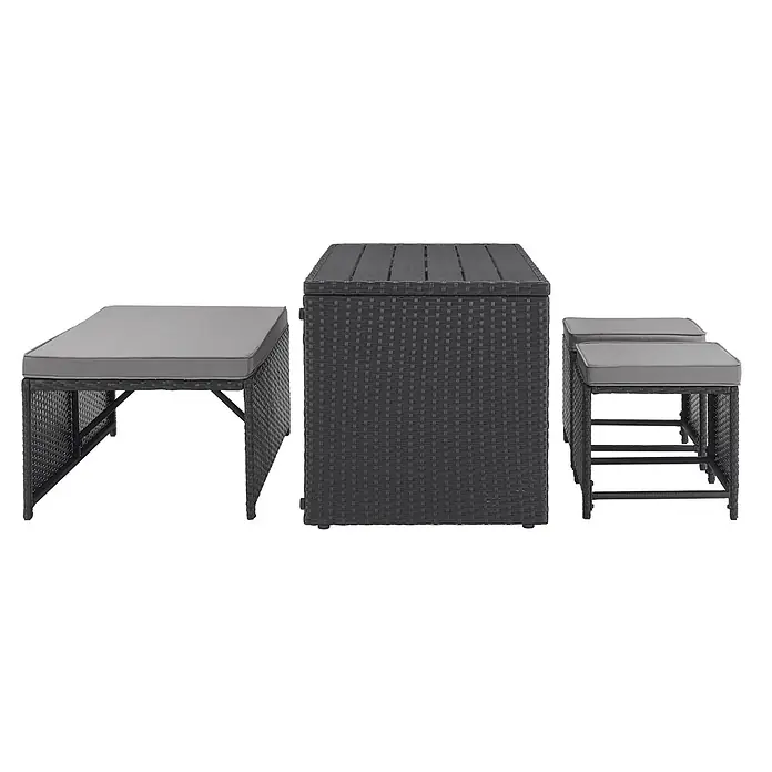SVITA Loungemöbel-Set ATHINA - 4 -tlg., Polyrattan, Schwarz - Dunkelgraues Rattan-Lounge-Set mit Tisch, langer Bank und zwei Hockern mit grauen Kissen.