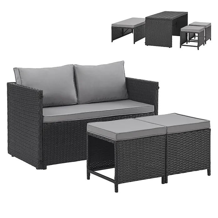 SVITA Loungemöbel-Set ATHINA - 4 -tlg., Polyrattan, Schwarz - Dunkelgraues Rattan-Gartenset mit Sofa, zwei Hockern und hellgrauen Kissen. Modulares Design für den Außenbereich.