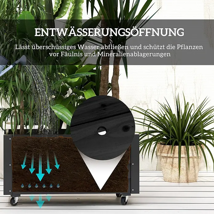 Outsunny Hochbeet - 89 x 48 x 47 cm, Holz, Schwarz - Erhöhter Pflanzkübel auf Rollen mit Entwässerungssystem, zeigt Wasserfluss durch Erde und Ablaufloch.