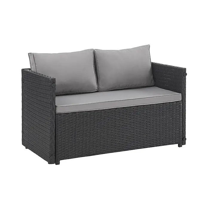 SVITA Loungemöbel-Set ATHINA - 4 -tlg., Polyrattan, Schwarz - Zweisitzer-Outdoor-Sofa mit dunkelgrauem Rattan-Gestell und hellgrauen Kissen.
