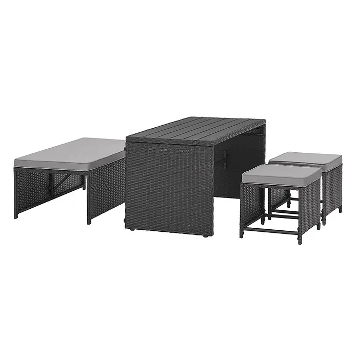 SVITA Loungemöbel-Set ATHINA - 4 -tlg., Polyrattan, Schwarz - Dunkelgraues Rattan 5-teiliges Outdoor-Essgruppe mit hellgrauen Kissen: ein Tisch, zwei Bänke, zwei Hocker.