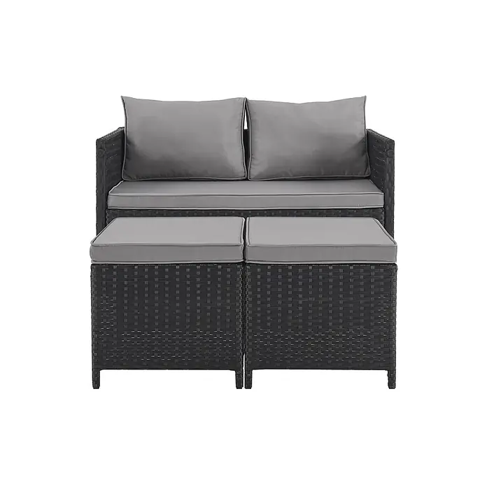 SVITA Loungemöbel-Set ATHINA - 4 -tlg., Polyrattan, Schwarz - Dunkles Rattan-Sofa und zwei Hocker mit grauen Kissen, als Outdoor-Sitzgruppe.