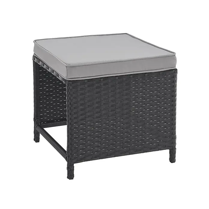 SVITA Loungemöbel-Set ATHINA - 4 -tlg., Polyrattan, Schwarz - Quadratischer dunkelgrauer Rattan-Outdoor-Pouf mit hellgrauem Kissen.