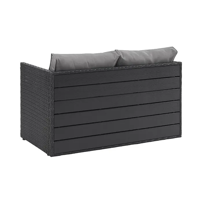 SVITA Loungemöbel-Set ATHINA - 4 -tlg., Polyrattan, Schwarz - Dunkelgraues Outdoor-Zweisitzersofa mit geflochtenen Seiten, Lattenrücken und grauen Kissen.