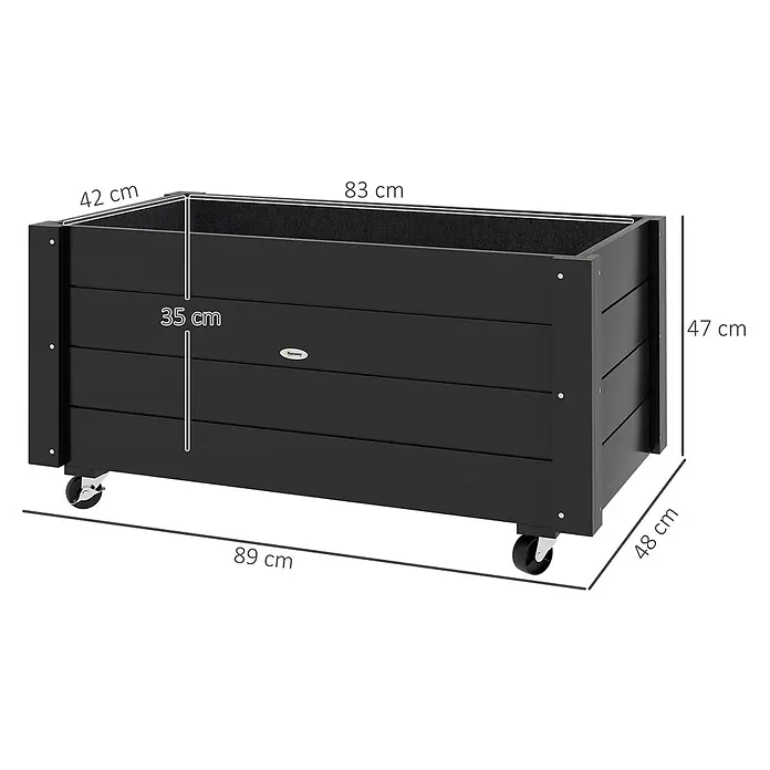 Outsunny Hochbeet - 89 x 48 x 47 cm, Holz, Schwarz - Schwarzer rechteckiger Blumenkasten auf Rollen mit Maßen. Dunkles Holz-Optik-Material, für Pflanzen.