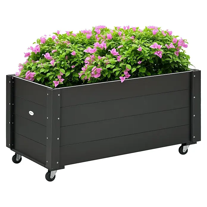 Outsunny Hochbeet - 89 x 48 x 47 cm, Holz, Schwarz - Dunkelgrauer Pflanzkasten auf Rollen, gefüllt mit leuchtend rosa Blütenpflanzen.