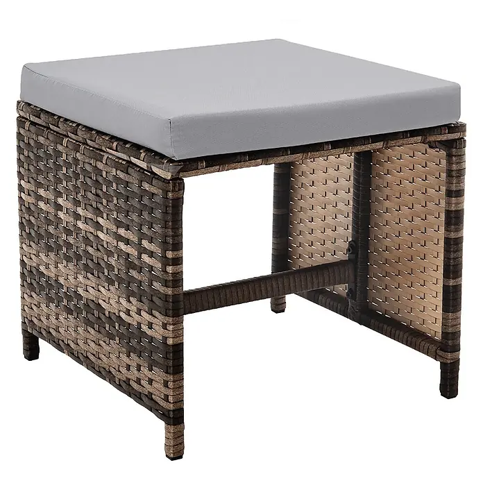 SVITA Loungemöbel-Set DENVER - Polyrattan, Braun - Quadratischer Outdoor-Hocker mit grauem Kissen und braunem Korbgeflecht-Gestell.