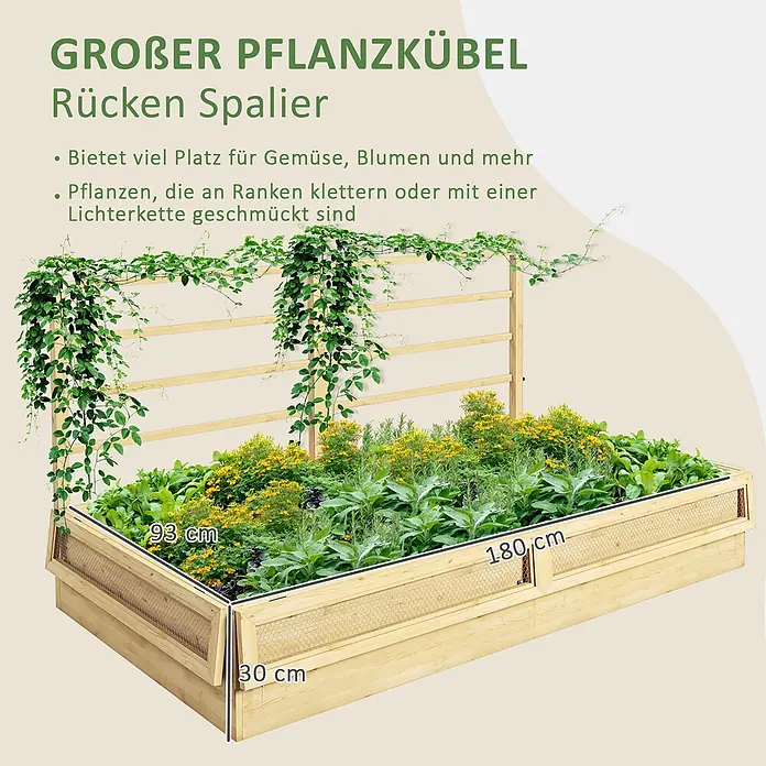 Furnicato Hochbeet - 183 x 98,5 x 95 cm, Holz, Naturholz - Großer hölzerner Hochbeet mit Spalier für Kletterpflanzen und Gemüse.