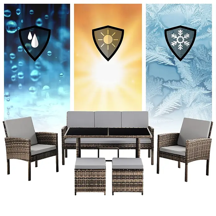 SVITA Loungemöbel-Set DENVER - Polyrattan, Braun - Braune Rattan-Gartenmöbelgarnitur mit grauen Polstern und schwarzem Glastisch, wetterfest gegen Regen, Sonne und Frost.