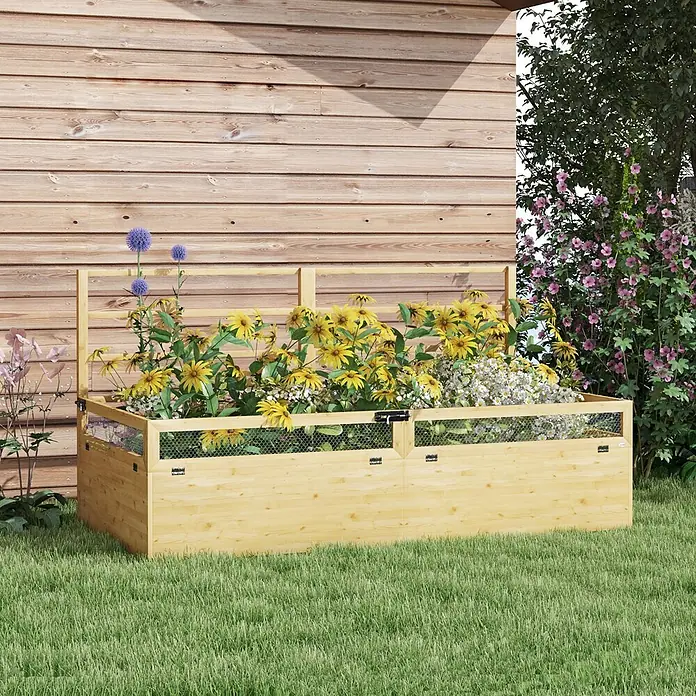 Furnicato Hochbeet - 183 x 98,5 x 95 cm, Holz, Naturholz - Hellholz-Hochbeet mit aufklappbaren Netzabdeckungen, gefüllt mit bunten Blumen.