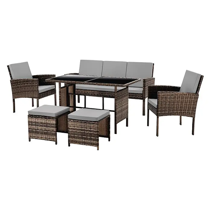 SVITA Loungemöbel-Set DENVER - Polyrattan, Braun - Braune Rattan-Gartengarnitur mit grauen Kissen: Tisch mit schwarzer Glasplatte, 3er-Sofa, 2 Sessel und 2 Hocker.