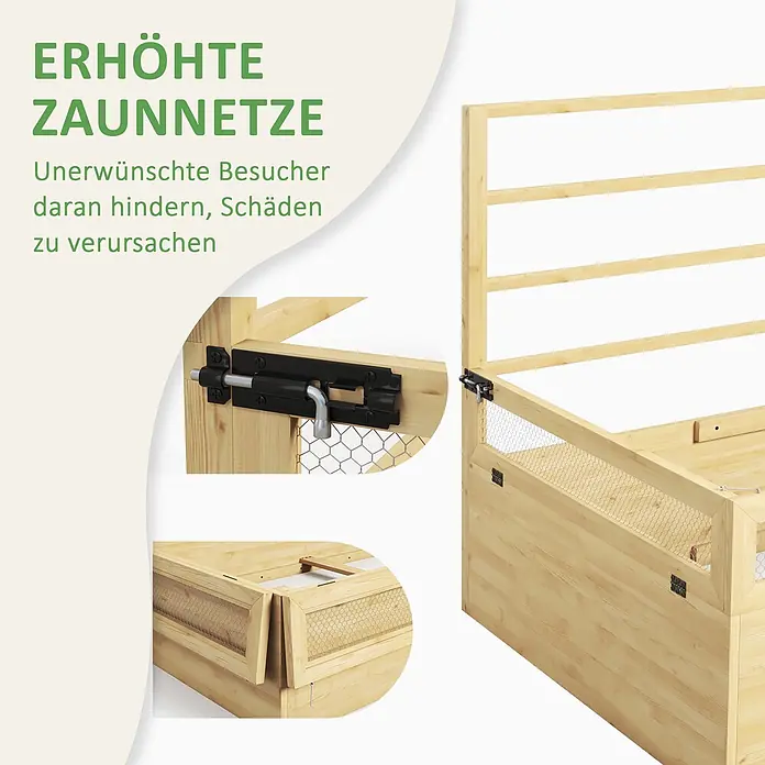 Furnicato Hochbeet - 183 x 98,5 x 95 cm, Holz, Naturholz - Helles Holz-Hochbeet mit aufklappbarem Drahtgeflechtzaun und Riegelverschluss zum Schutz der Pflanzen.