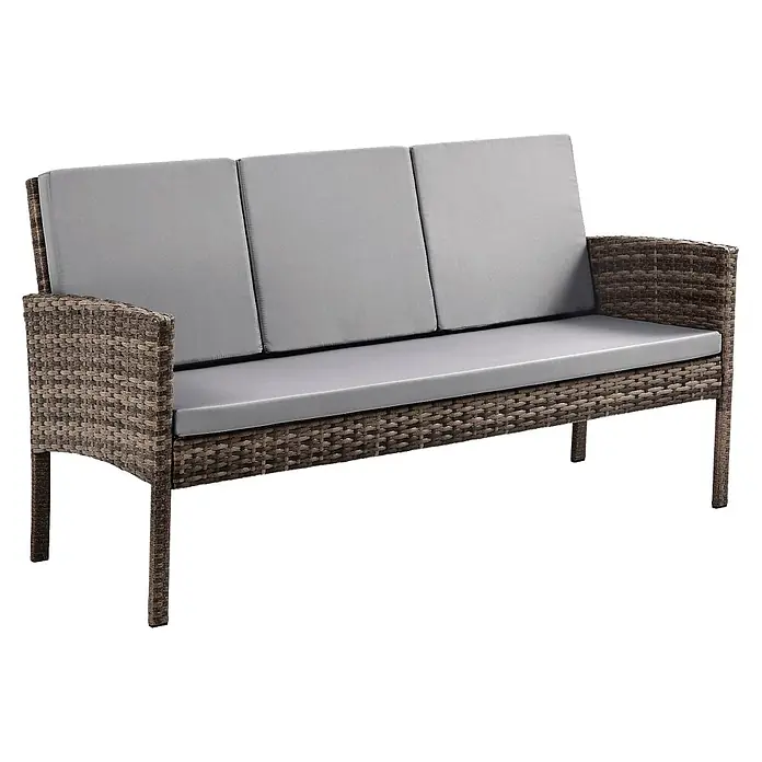 SVITA Loungemöbel-Set DENVER - Polyrattan, Braun - Braunes Rattan-Effekt 3-Sitzer Gartensofa mit grauen Kissen.