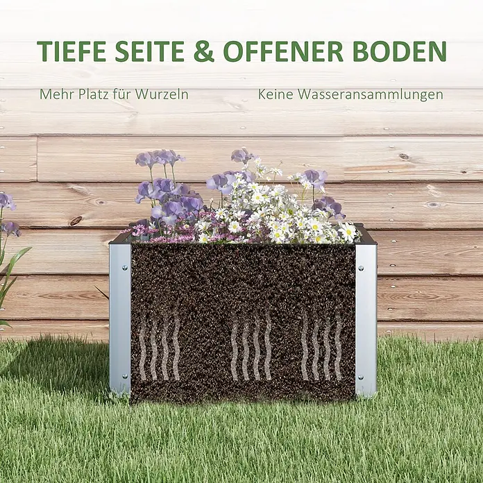 Outsunny Hochbeet - Aluminium, Grau - Silbernes Hochbeet mit Blumen. Ein Querschnitt zeigt tiefe Erde für Wurzeln und einen offenen Boden für Drainage.