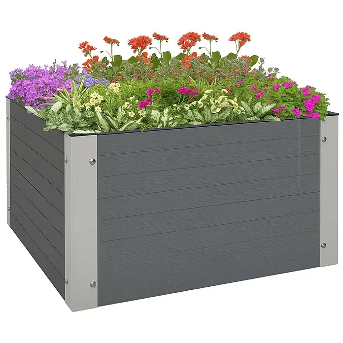Outsunny Hochbeet - Aluminium, Grau - Graues Hochbeet, gefüllt mit bunten Blumen und Pflanzen, mit hellgrauen Eckstützen.