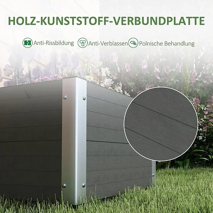 Outsunny Hochbeet - Aluminium, Grau - Dunkelgraues WPC-Gartenbeet-Paneel mit gebürsteter Textur, im Garten gezeigt.