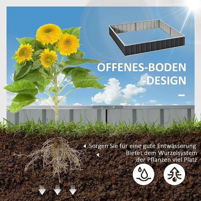 Outsunny Hochbeet - Stahl, Dunkelgrau - Metallisches Hochbeet mit offenem Boden, mit Sonnenblume, zeigt natürlichen Bodenkontakt für gute Entwässerung und viel Wurzelraum.