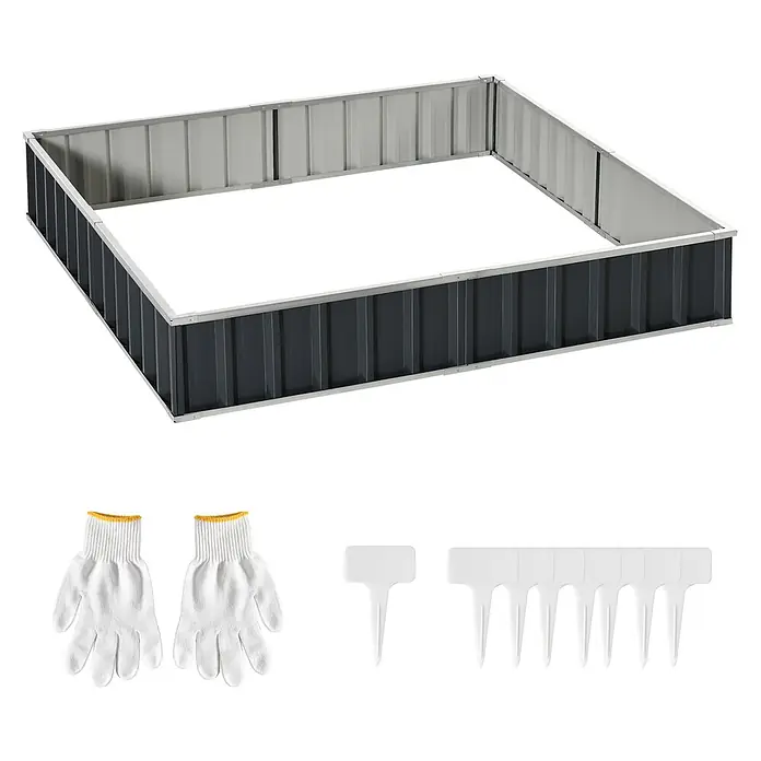 Outsunny Hochbeet - Stahl, Dunkelgrau - Rechteckiges Hochbeet aus Metall in zweifarbigem Grau, mit weißen Gartenhandschuhen und Pflanzenmarkierungen.