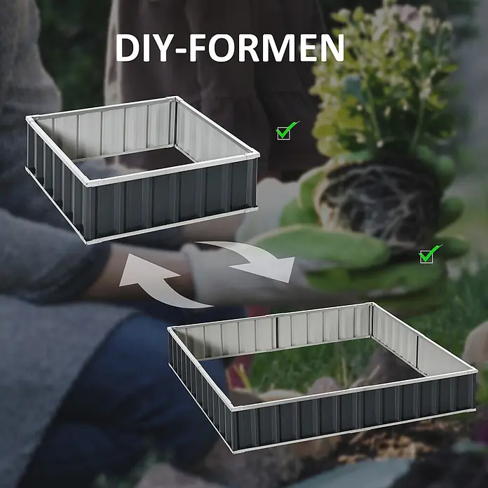 Outsunny Hochbeet - Stahl, Dunkelgrau - Modulares Hochbeet aus dunkel- und hellgrauem Metall, in zwei einstellbaren Höhen für den Gartenbau dargestellt.