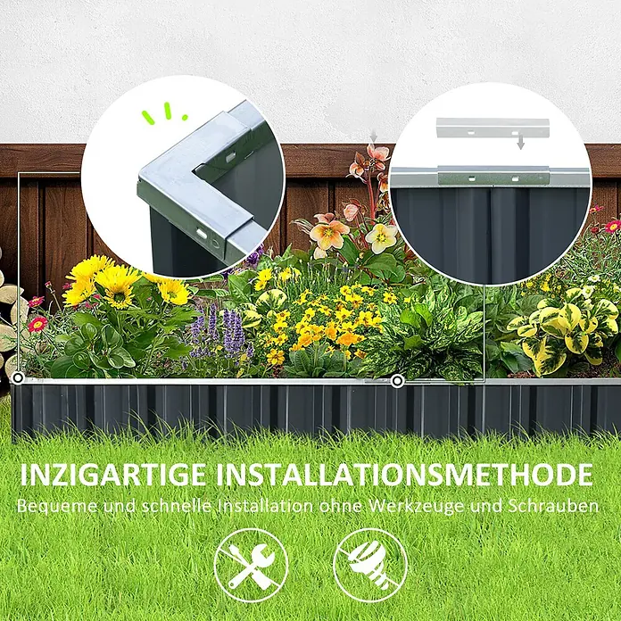 Outsunny Hochbeet - Stahl, Dunkelgrau - Dunkelgraues Hochbeet aus Wellblech mit Blumen. Einsätze zeigen werkzeuglose Eck- und Geradverbinder zur einfachen Montage.