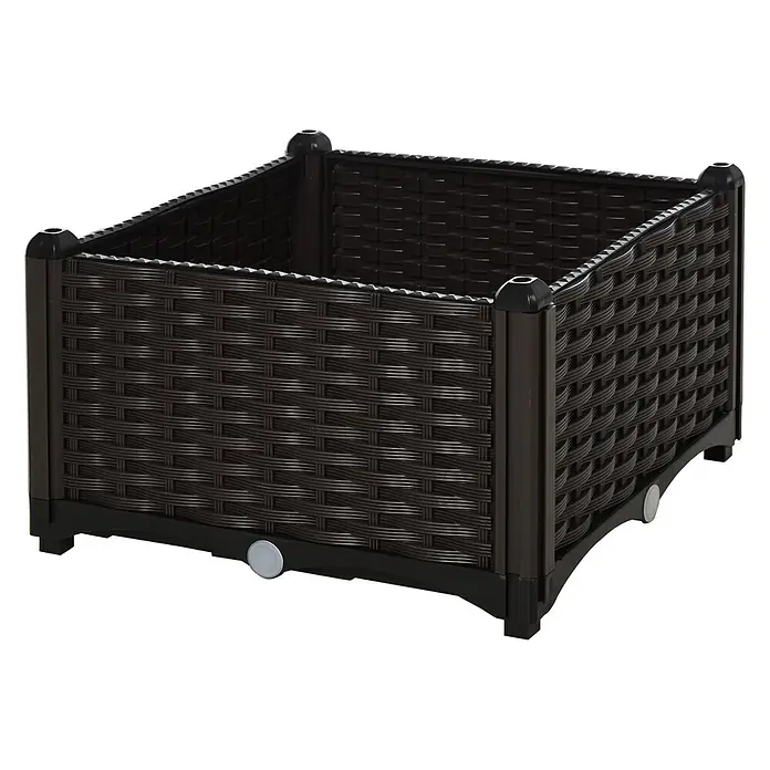 Outsunny Hochbeet - Kunststoff, Braun - Dunkelbraunes quadratisches Hochbeet oder Pflanzgefäß aus Kunststoff mit geflochtener Rattan-Optik.