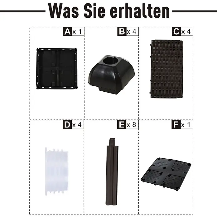 Outsunny Hochbeet - Kunststoff, Braun - Verschiedene dunkle Kunststoffkomponenten für ein modulares Ablagefach, darunter Paneele, Stützen und Kappen, mit Mengenangaben.