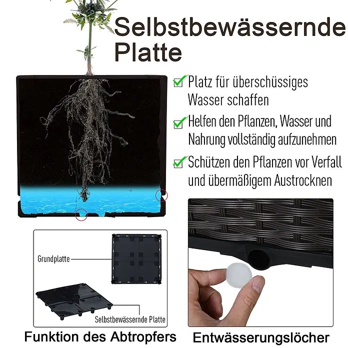Outsunny Hochbeet - Kunststoff, Braun - Schwarzes selbstbewässerndes Plattensystem aus Kunststoff für Pflanzgefäße, mit Wasserspeicherfunktion und Ablassstopfen.