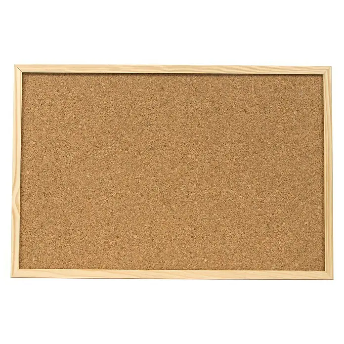 Corcho para notas con marco - 90 x 60 cm, Madera, Marrón, aspecto de madera - Un tablero de corcho rectangular de madera marrón y vacío con marco de madera clara, ideal para notas.