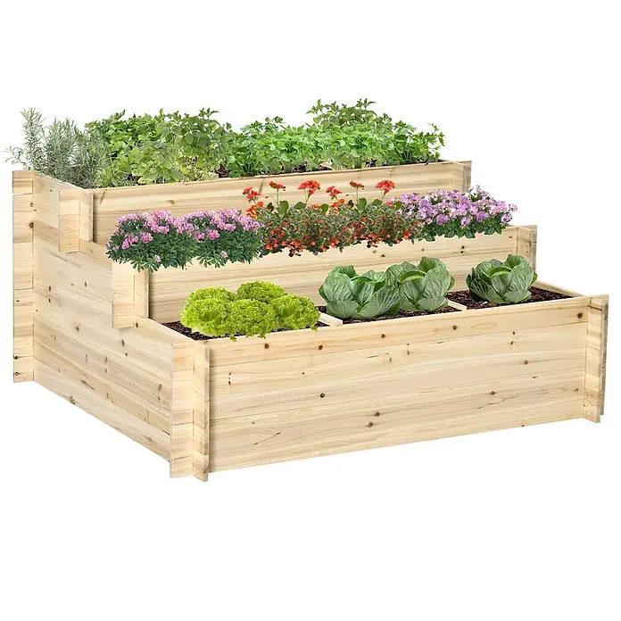 Outsunny Hochbeet - Holz, Naturholz - Gestuftes Hochbeet aus Naturholz, bepflanzt mit Kräutern, Blumen und Gemüse.