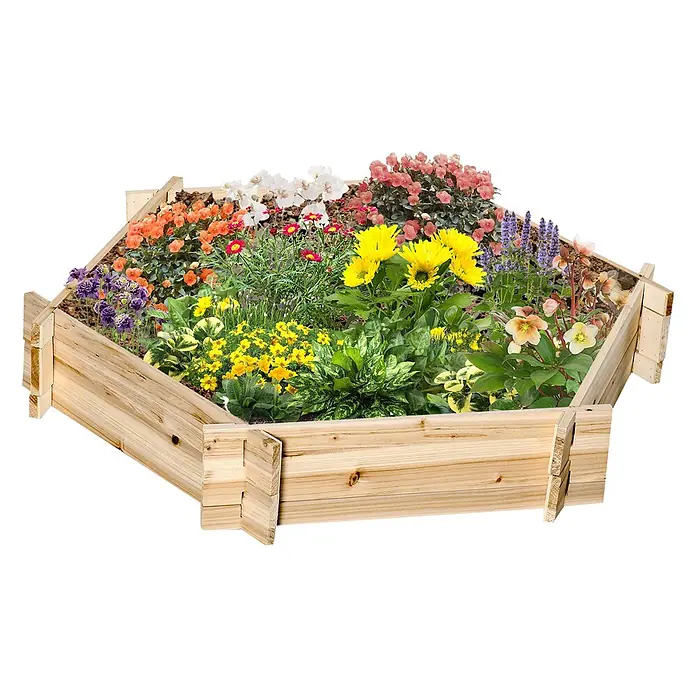 Outsunny Hochbeet - 100 x 92 x 16 cm, Holz, Naturholz - Sechseckiges Hochbeet aus Holz, gefüllt mit bunten Blumen.