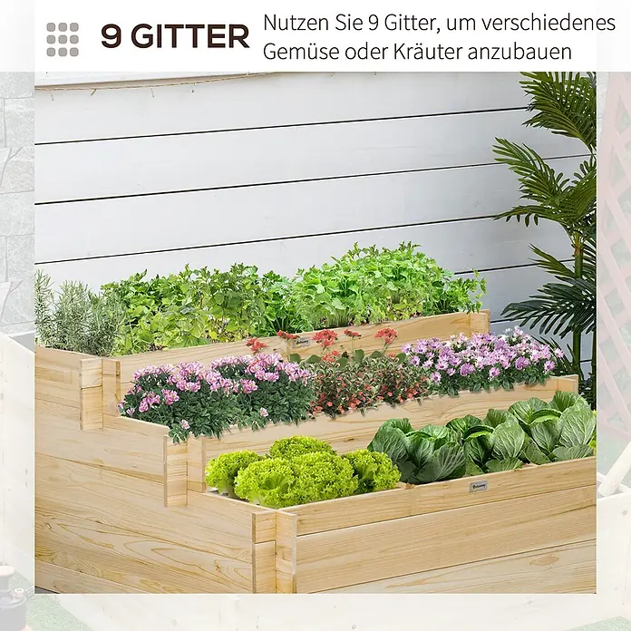 Outsunny Hochbeet - Holz, Naturholz - Hölzernes, abgestuftes Hochbeet mit 9 Fächern, bepflanzt mit Gemüse, Kräutern und Blumen.