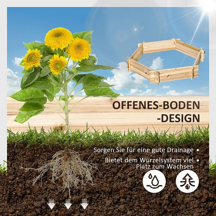 Outsunny Hochbeet - 100 x 92 x 16 cm, Holz, Naturholz - Sechseckiges Hochbeet aus hellem Holz, offener Boden für optimale Drainage und Wurzelwachstum, mit Sonnenblume.