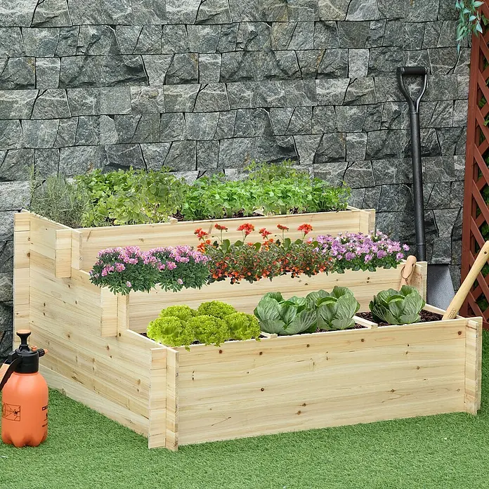 Outsunny Hochbeet - Holz, Naturholz - Gestuftes Hochbeet aus hellem Holz, gefüllt mit Kräutern, Blumen und Gemüse für einen organisierten Garten.