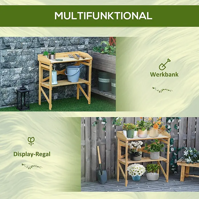 Outsunny Hochbeet - 100 x 92 x 16 cm, Holz, Naturholz - Eine helle hölzerne Pflanztisch und Pflanzenregal, im Garten als Arbeitsplatz und dekorativer Pflanzenständer genutzt.