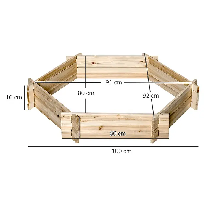 Outsunny Hochbeet - 100 x 92 x 16 cm, Holz, Naturholz - Sechseckiges Hochbeet aus Naturholz, mit Maßen wie 16 cm Höhe und 100 cm Gesamtbreite.