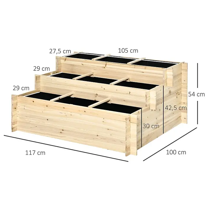 Outsunny Hochbeet - Holz, Naturholz - Mehrstufiges Hochbeet aus naturbelassenem Holz mit drei Ebenen, Maße für Länge, Breite und Höhe dargestellt.