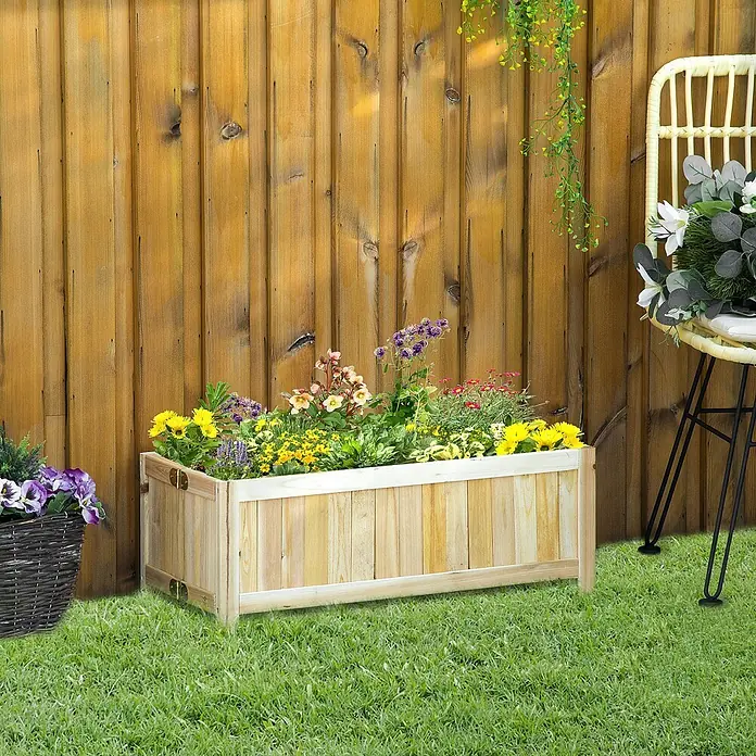 Outsunny Hochbeet - Holz, Naturholz - Hölzerner Pflanzkasten mit bunten Blumen, draußen auf Gras platziert.