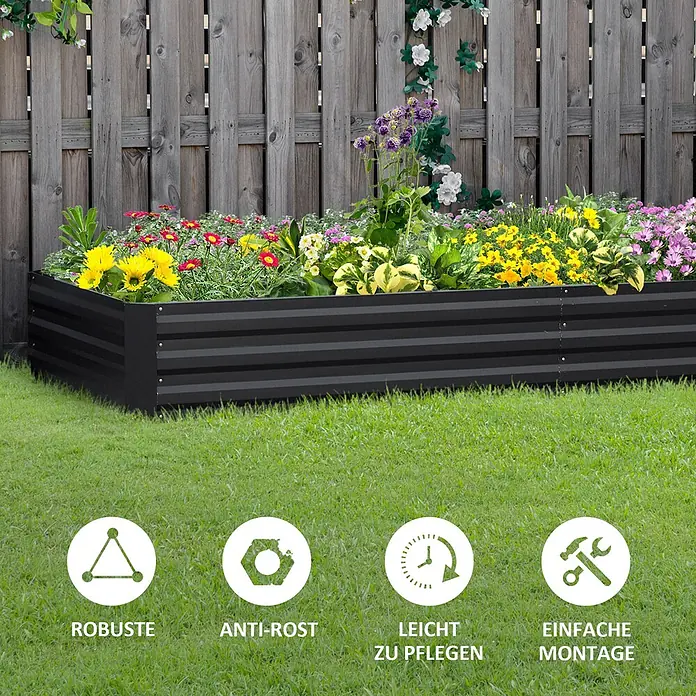 Furnicato Hochbeet - 241 x 90,5 x 30 cm, Stahl, Grau - Schwarzes Metall-Hochbeet, gefüllt mit bunten Blumen in einem grünen Garten.