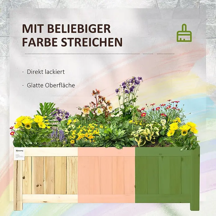 Outsunny Hochbeet - Holz, Naturholz - Pflanzkasten aus Holz mit Blumen, naturfarben, rosa und grün gestrichen, um seine Bemalbarkeit hervorzuheben.