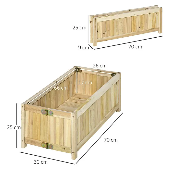 Outsunny Hochbeet - Holz, Naturholz - Klappbarer Pflanzkasten aus Naturholz, 70 cm lang, 30 cm breit und 25 cm hoch, zusammengeklappt und aufgebaut gezeigt.