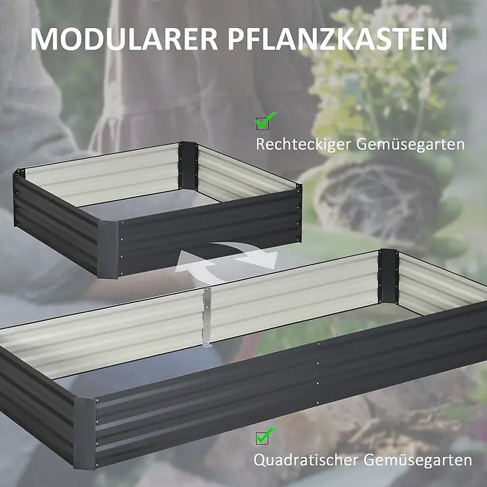 Furnicato Hochbeet - 241 x 90,5 x 30 cm, Stahl, Grau - Modulares dunkelgraues Metall-Hochbeet, als kleines Rechteck und größeres Quadrat im Garten dargestellt.