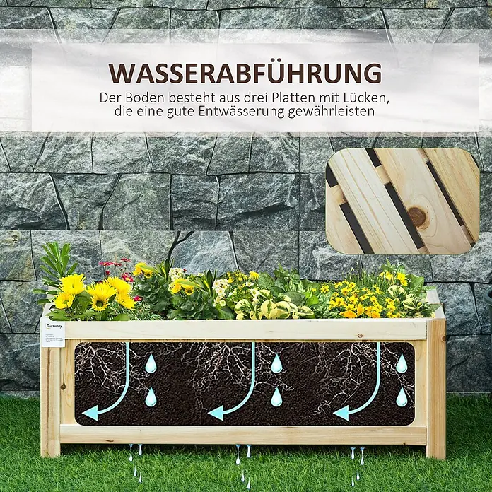 Outsunny Hochbeet - Holz, Naturholz - Holz-Hochbeet mit Blumen und Darstellung des gelochten Bodens für gute Wasserabführung.