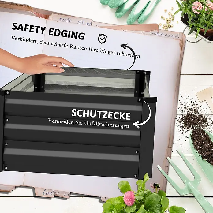 Outsunny Hochbeet - Stahl, Dunkelgrau - Schwarzes Hochbeet mit Sicherheitseinfassung und Schutzecken, eine Hand berührt die weiche Kante.